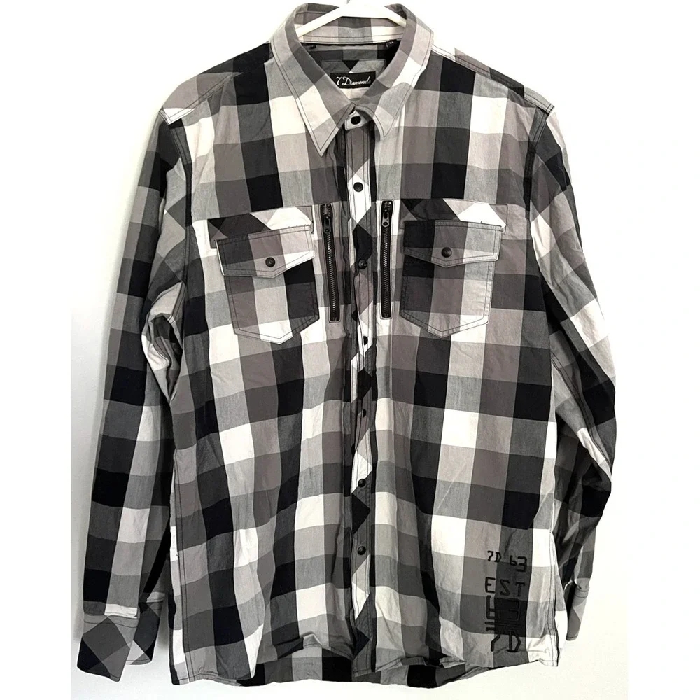 7 Diamonds Shirt Mens XL Black Gray White Plaid Button Down Embroidered Pockets - Picture 1 of 15
